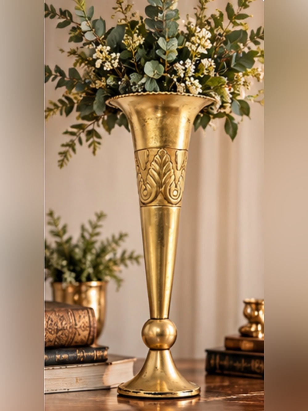 Vintage India Brass Trumpet Vase 13.5β Embossed Floral Acanthus Hollywood Regenc